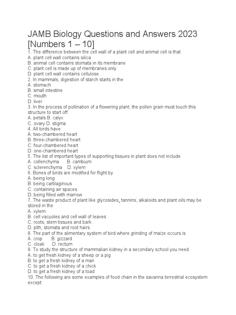 Jamb biology questions and answers 2023 pdf plants biology