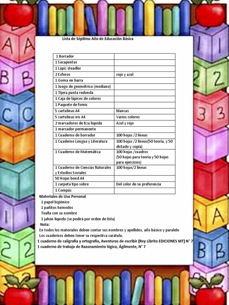 Lista de Útiles para Séptimo Año | PDF