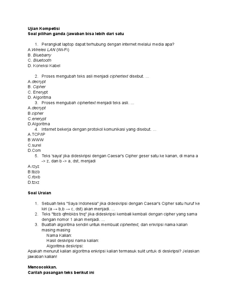 Soal, Soal Uraian, Dan Mencocokkan Informatika Kelas 7C | PDF | Komputer