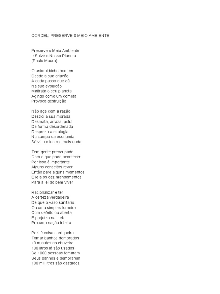 Cordel Preserve o Meio Ambiente | Download grátis PDF | Poluição ...