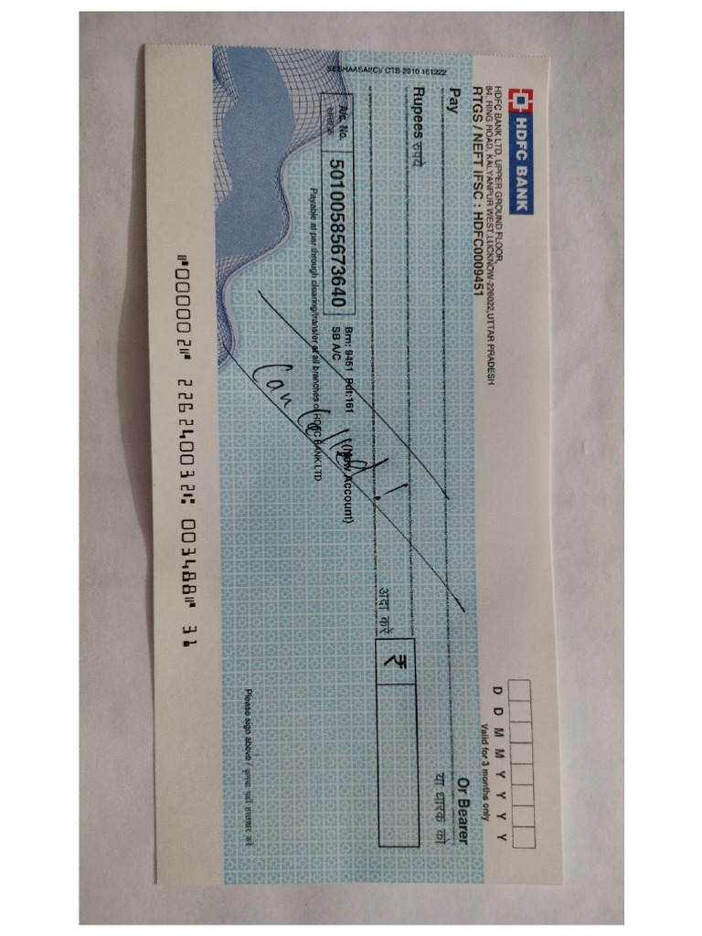 Cancelled Cheque HDFC Account PDF