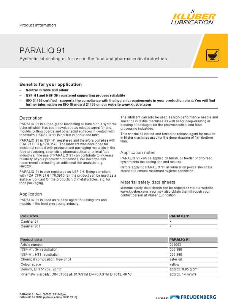 Klueber Paraliq91 Ds PDF Lubricant Oil