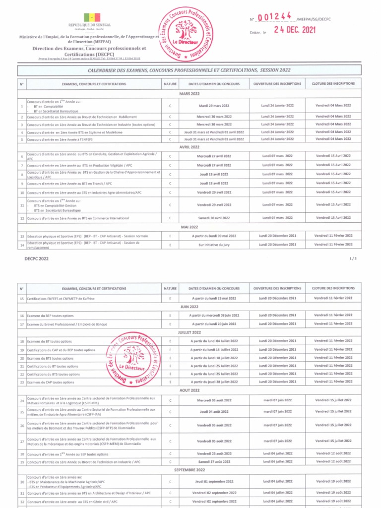 Calendrier Examens Et Concours DECPC 2022 | PDF