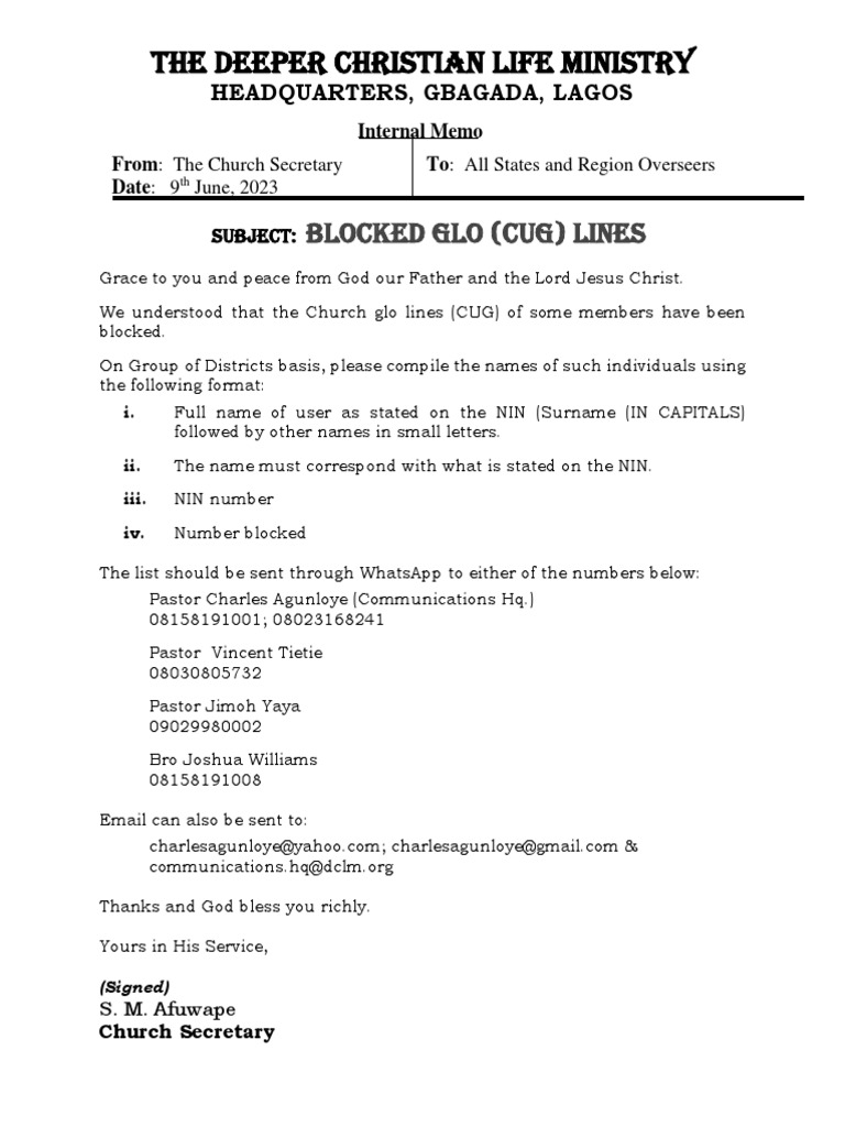 GLO CUG Lines Blocked Notification | PDF