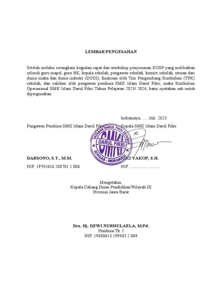 Lembar Pengesahan KOSP SMK 2023/2024 | PDF | Bisnis