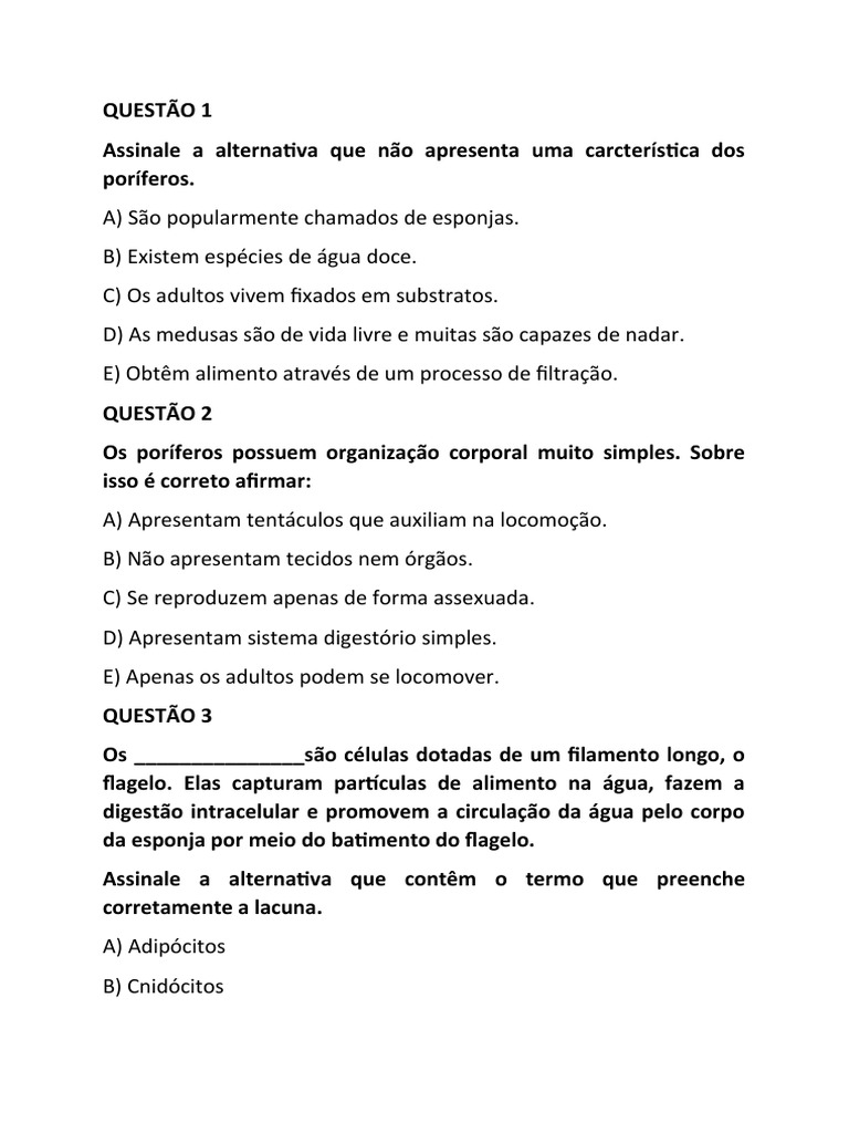 Questões Sobre Poríferos e Cnidários | PDF