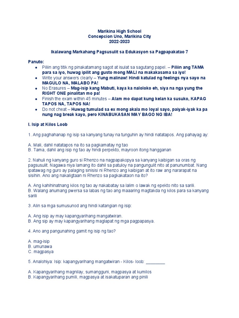 EsP 7 2nd Quarter LONG TEST | PDF
