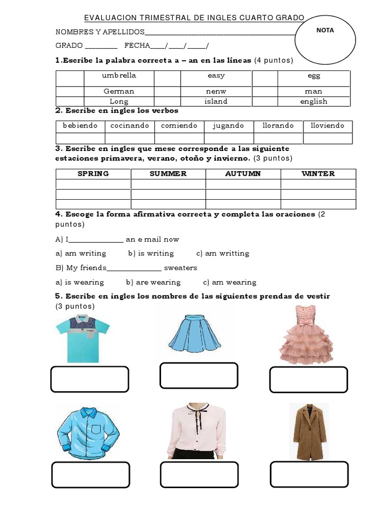 Evaluación de Inglés 4to Grado | PDF