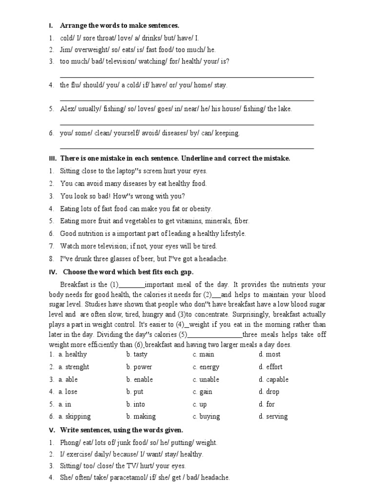 I. Arrange The Words To Make Sentences PDF Vitamin D Diet & Nutrition