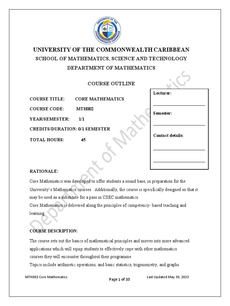 Core Mathematics Course Outline MTH002 | PDF | Mathematics | Plagiarism