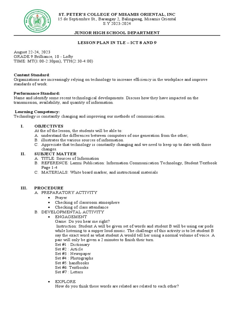 ICT Lesson Plan for Grade 9 | PDF | Primary Sources | Educational ...