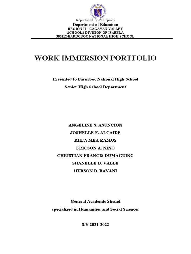 Work Immersion Portfolio: SHS 2021-2022 | PDF