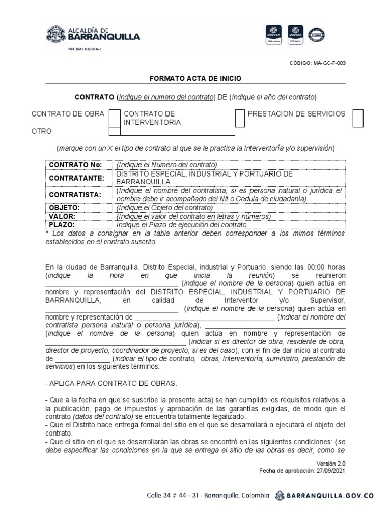 Formato Acta de Inicio 27 de Sep | PDF