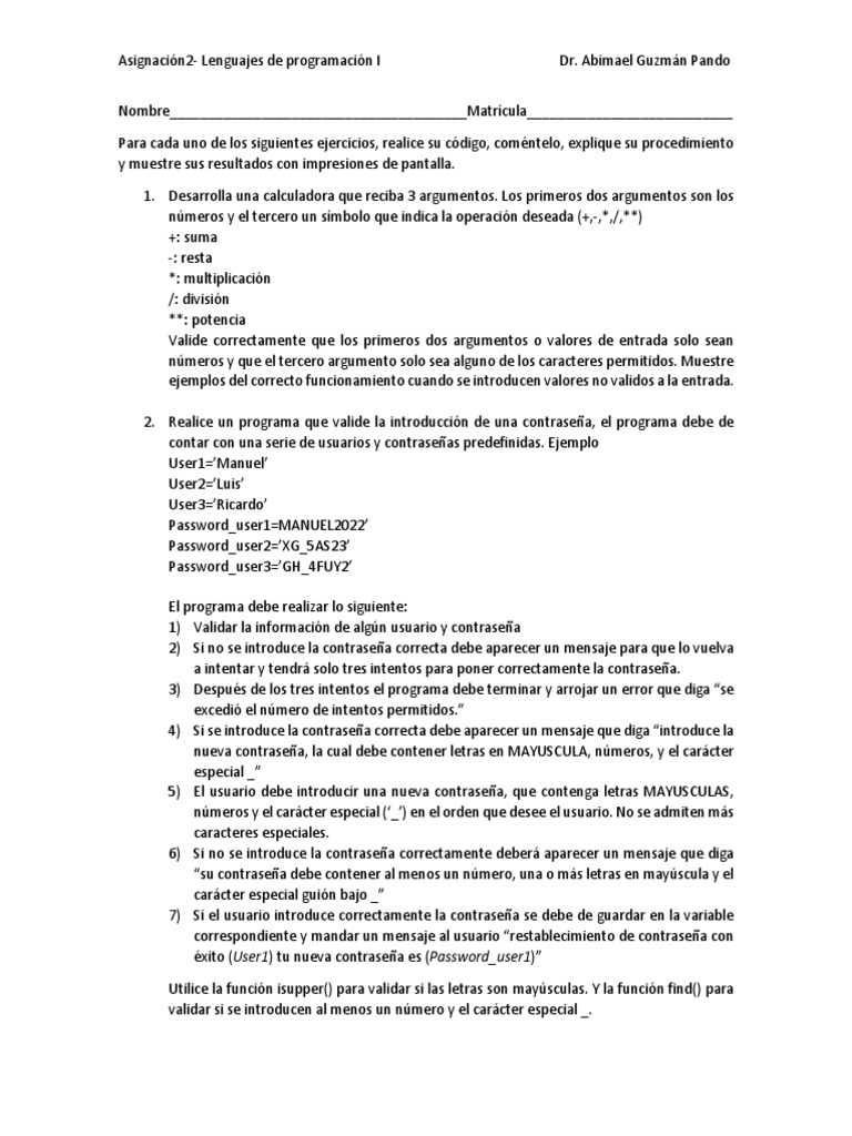 Ejercicios de Programación en Python | PDF | Contraseña | Programa de ...