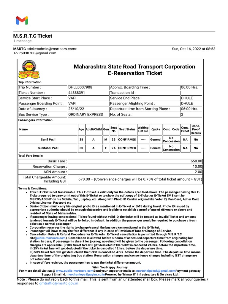 Gmail - M.S.R.T.C Ticket | PDF | Fare | Transport