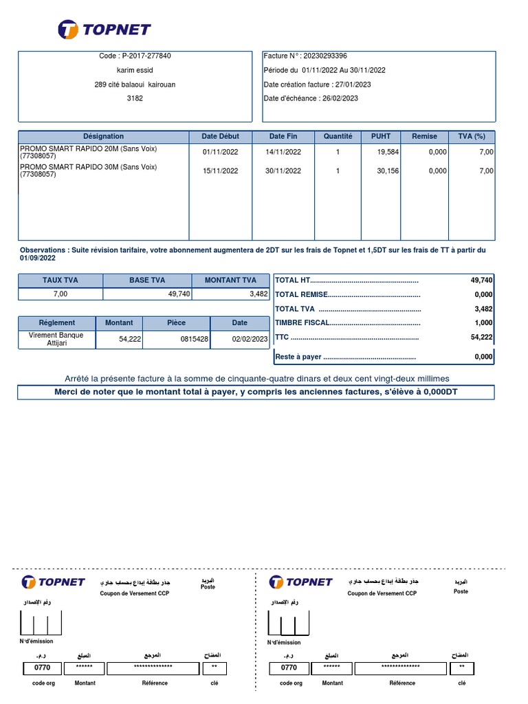 Facture Abonnement Topnet 54,22 DT | PDF