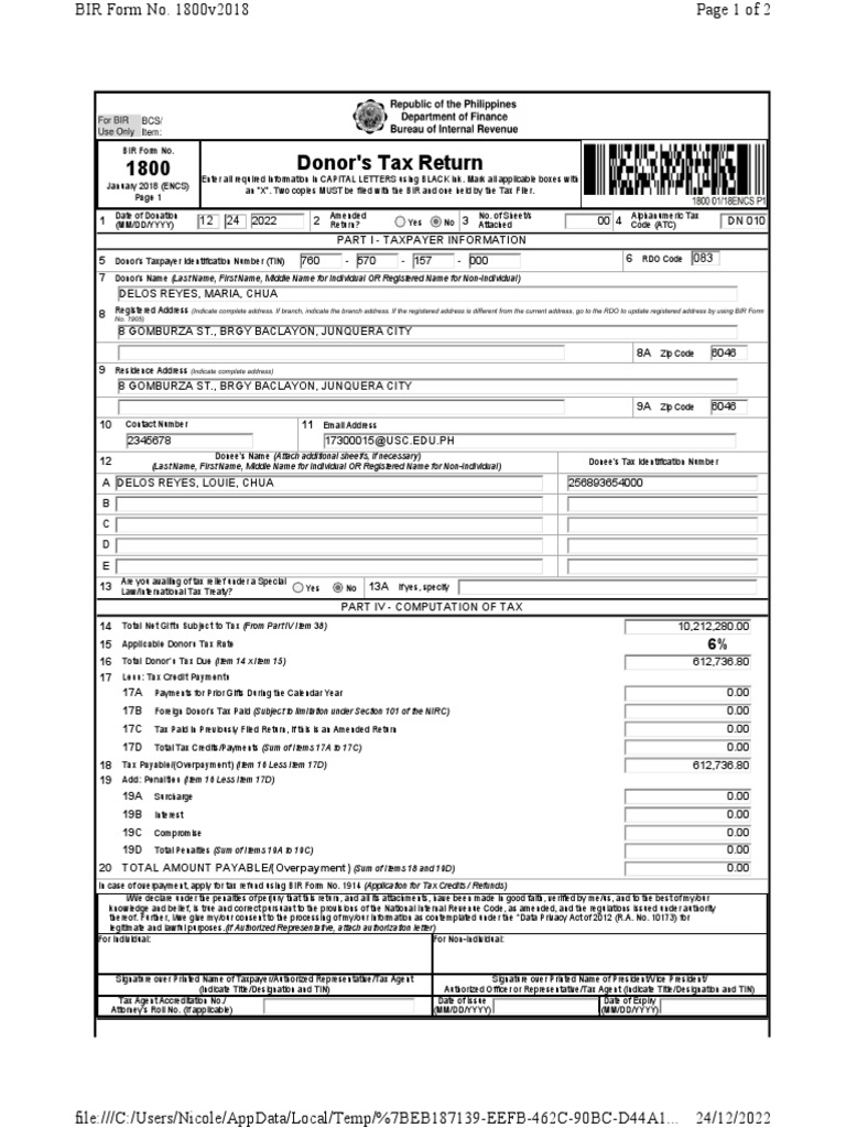 Donor's Tax Return BIR Form 1800 | PDF | Taxes | Tax Refund