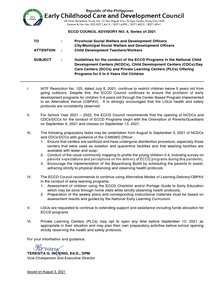 ECCDC Advisory 4 S. 2021 | PDF | Preschool | Centers For Disease ...
