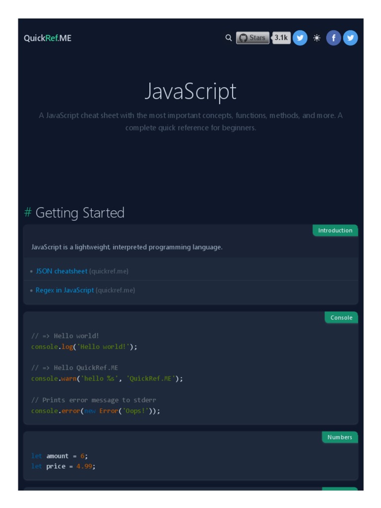 JavaScript Cheat Sheet & Quick Reference | PDF | Parameter (Computer ...