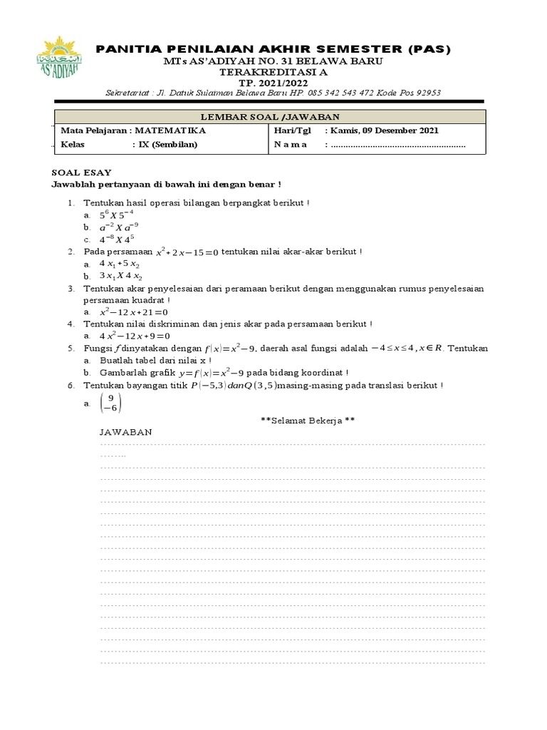 Soal Matematika Kelas 9 Pdf