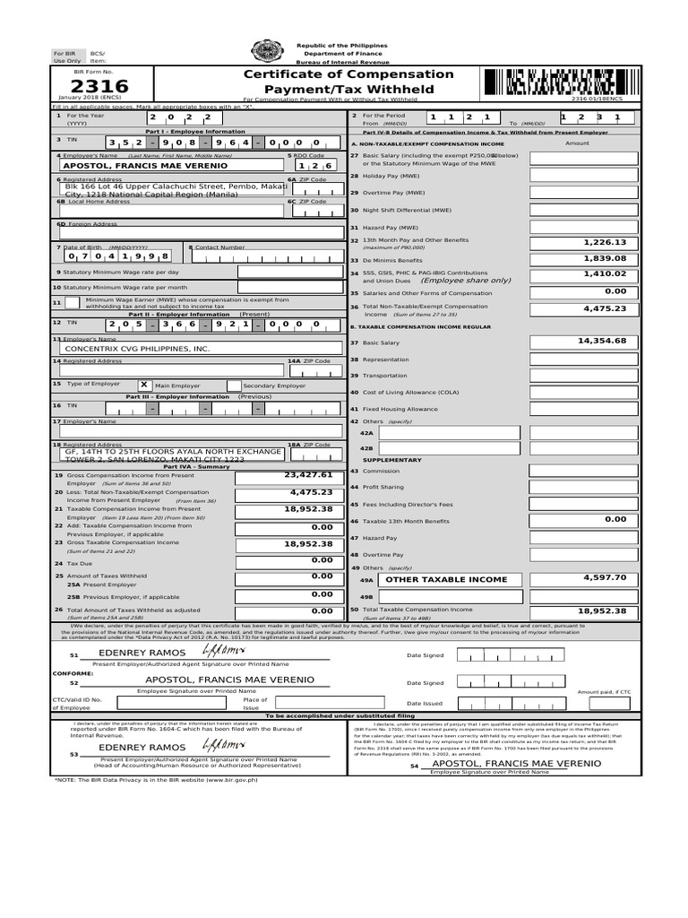 BIR Form 2316: Compensation & Tax Details | PDF | Cost Of Living ...