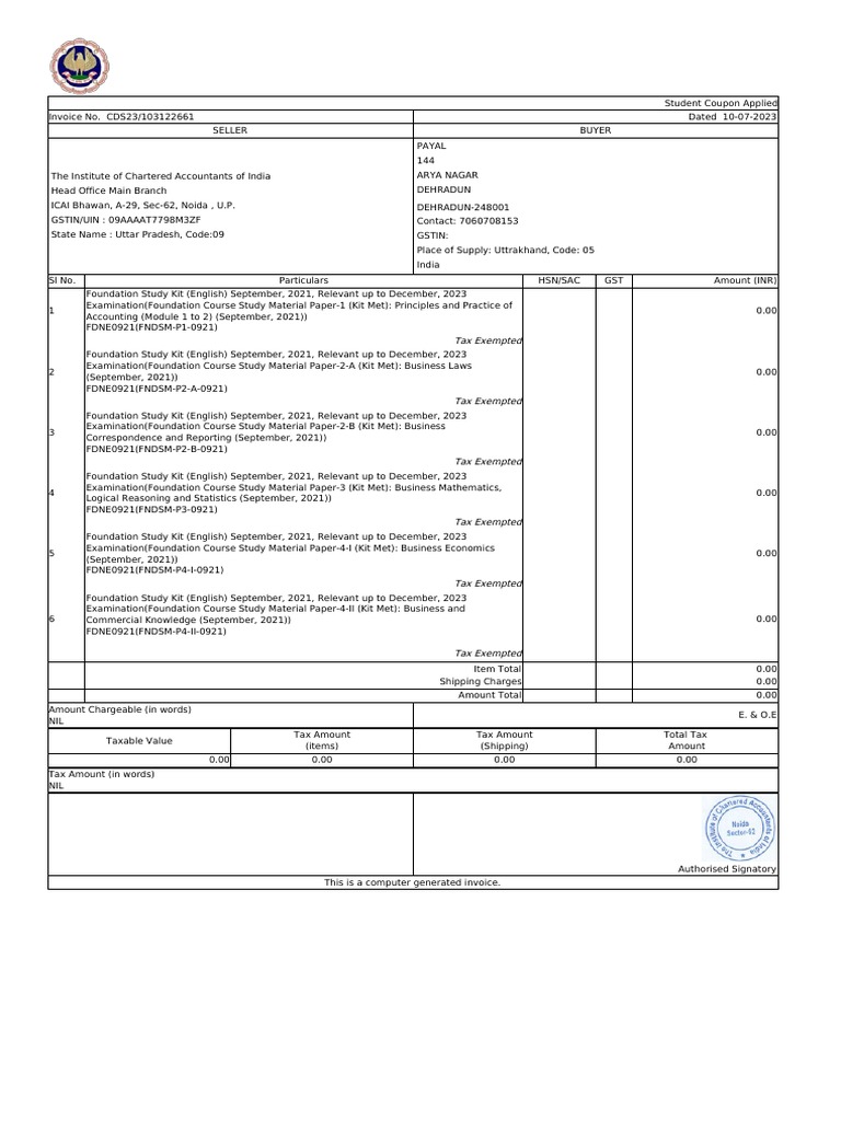 Student Invoice for Tax-Exempt Study Kits | PDF | Finance & Money ...