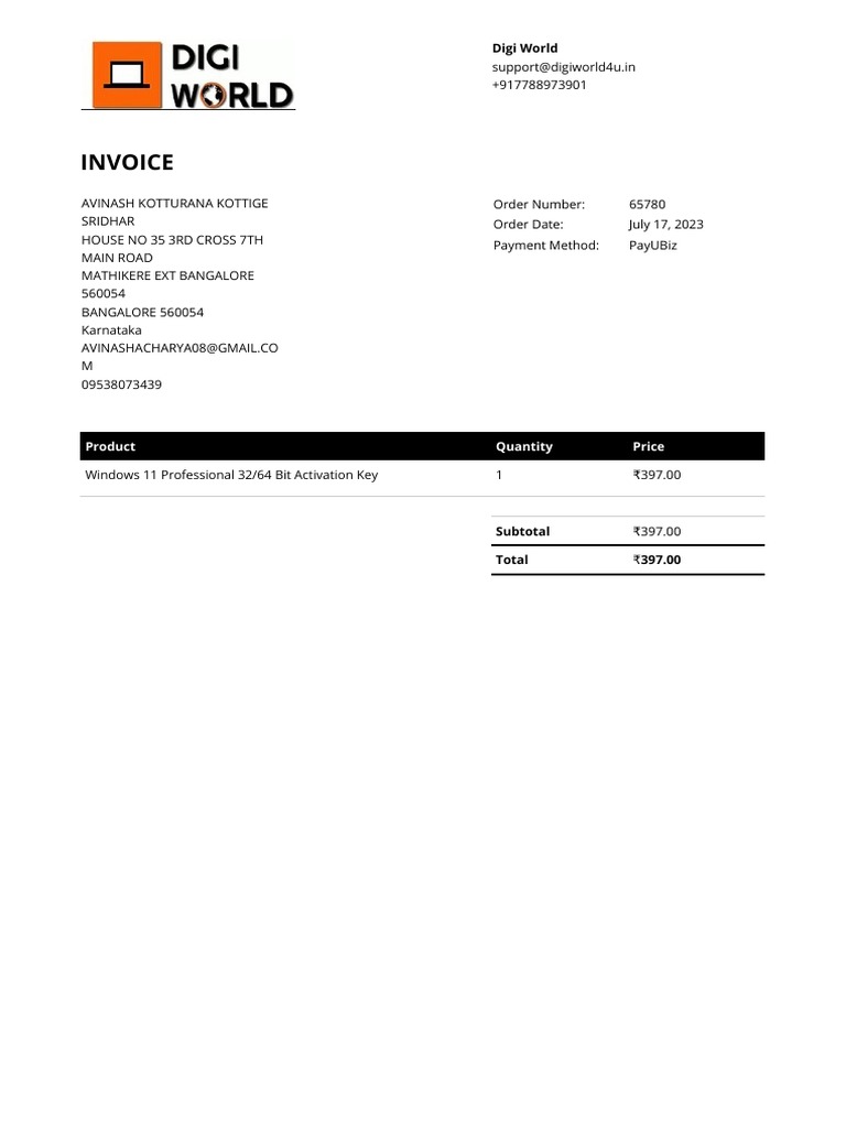 Invoice for Windows 11 Key | PDF
