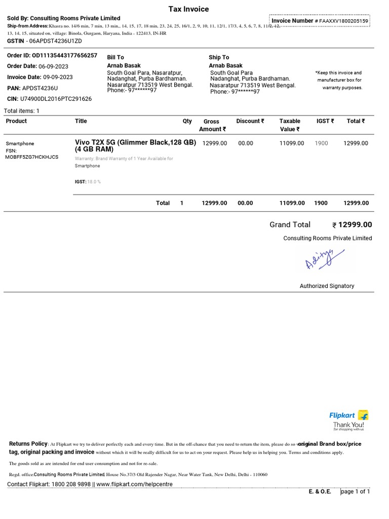 Flipkart Invoice Vivo T2X 5G PDF Taxes Economies