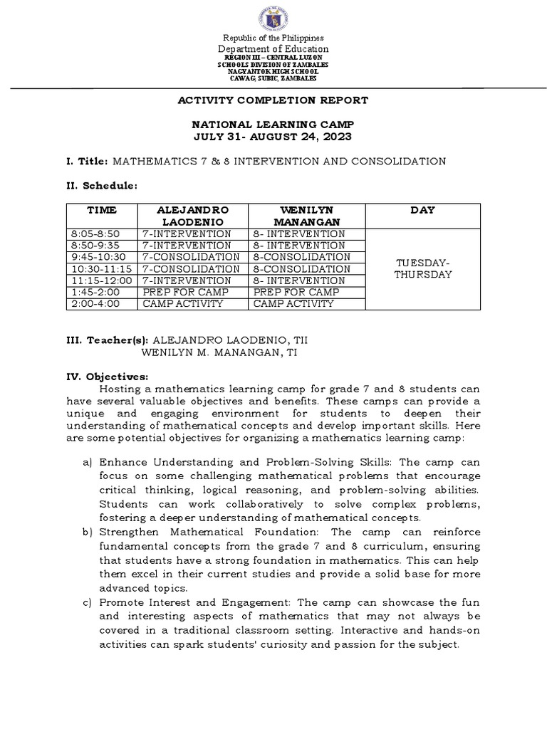 Math Learning Camp Report for Grades 7-8 | PDF | Mathematics | Learning