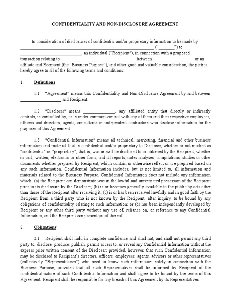 Confidentiality Agreement Template PDF | PDF | Non Disclosure Agreement ...