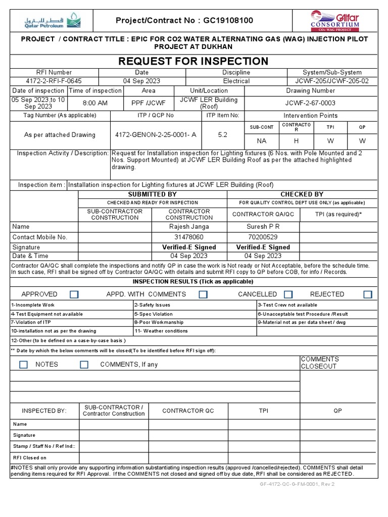 Roof Lighting Fixture Inspection RFI | PDF