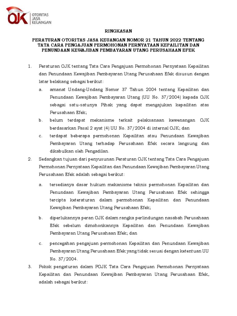 Ringkasan POJK 21 Tahun 2022 - Tata Cara Permohonan Pernyataan