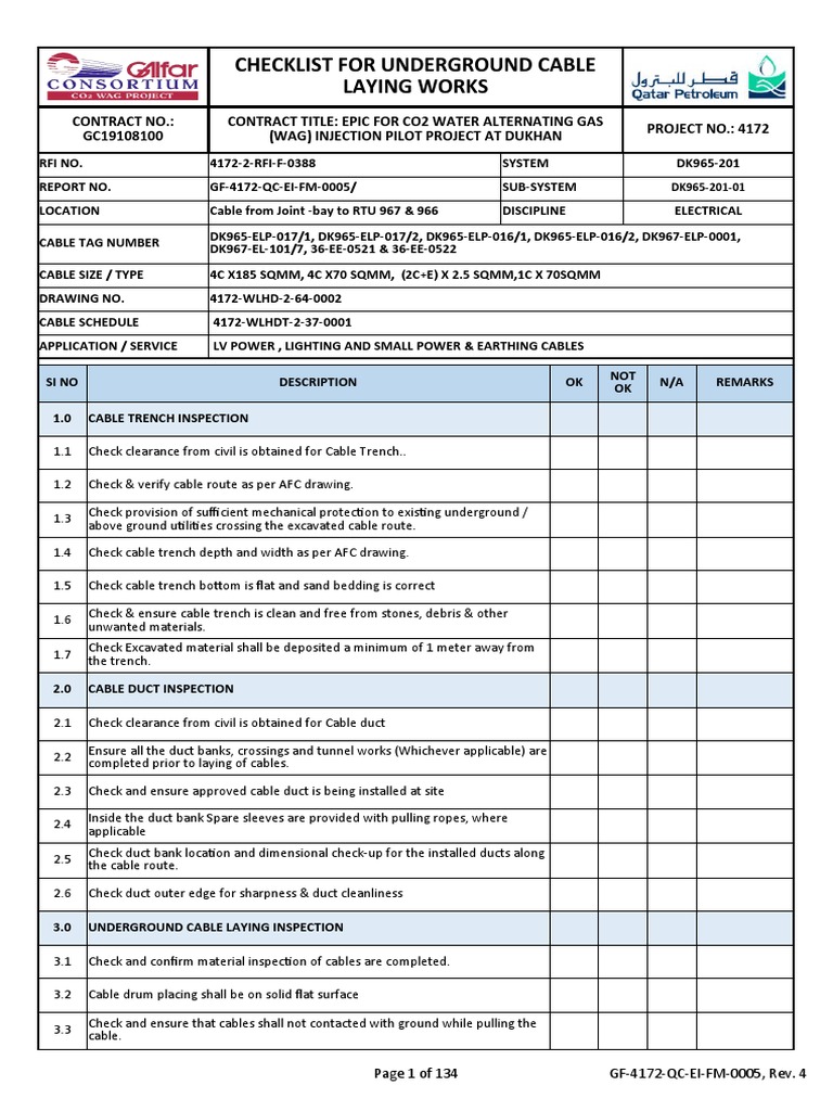 Underground Cable Laying Checklist | PDF | Trench | Duct (Flow)