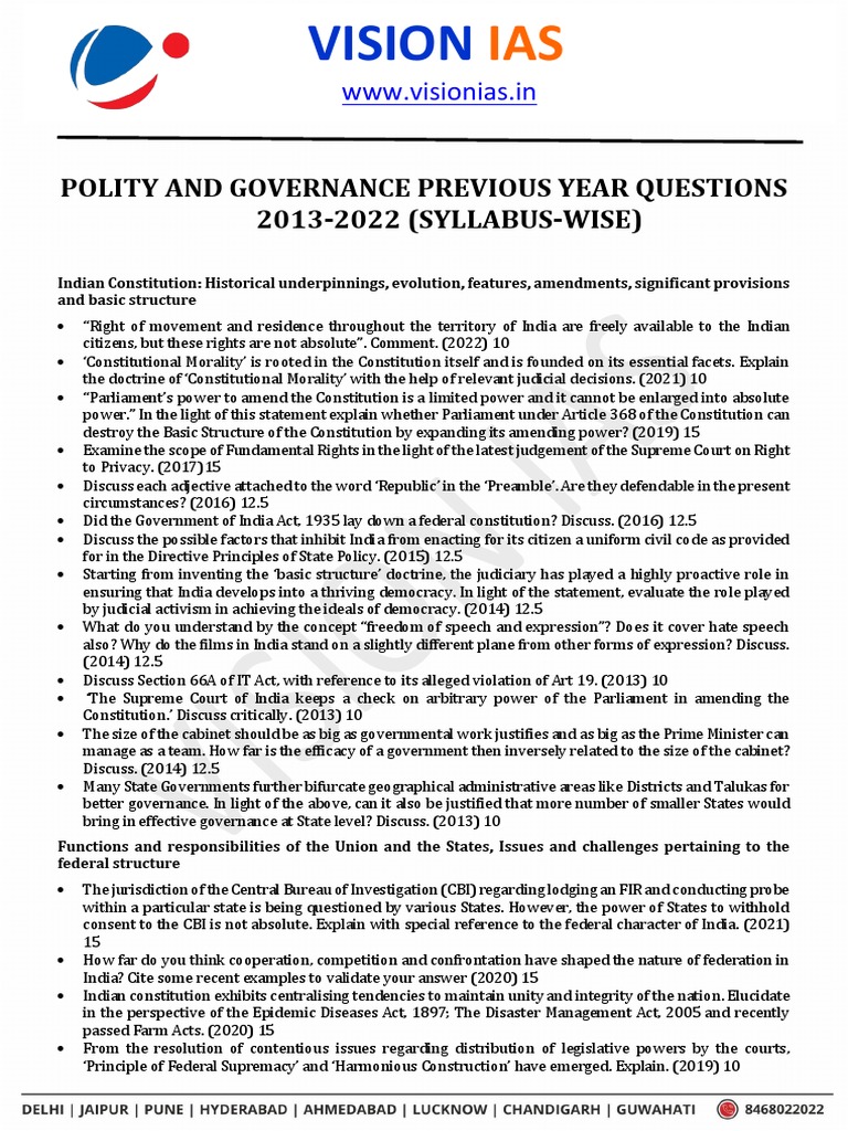 Polity and Governance Previous Year Questions 2013 2022 | PDF | Supreme ...