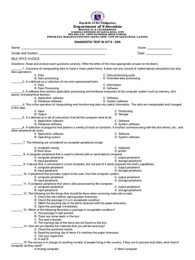 Diagnostic Test ICT 9 | PDF | Computer Hardware | Personal Computers