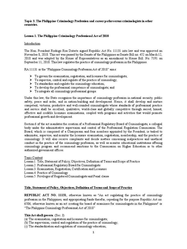 Topic 3. The Philippine Criminology Profession and Career Paths Versus