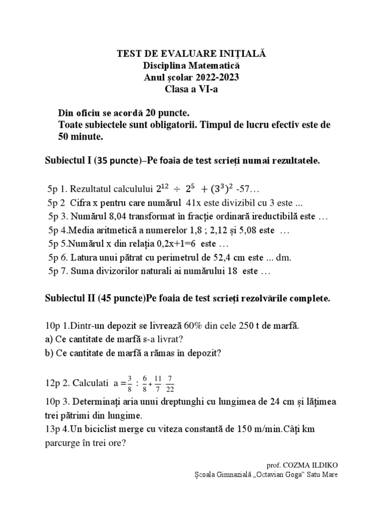 Test Initial Cls VI A 2022 | PDF