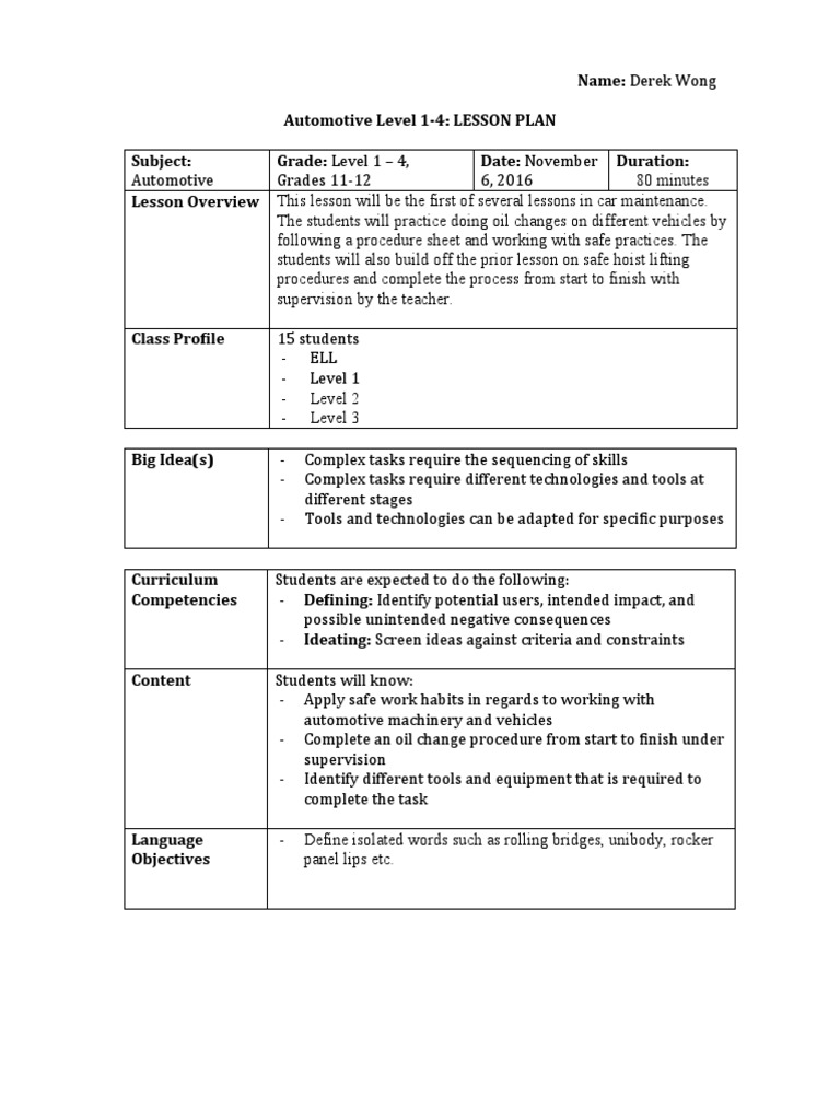 Automotive Lesson Plan Oil Change PDF Lesson Plan Motor Oil
