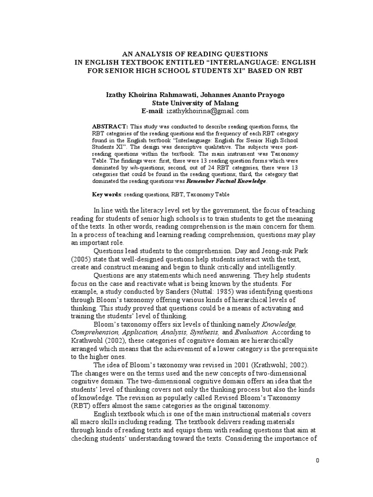 Senior High Reading Question Analysis | PDF | Learning | Thought