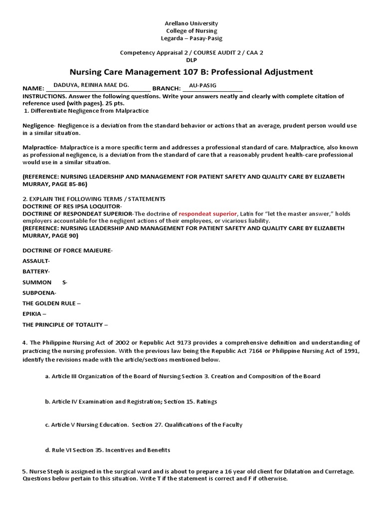 Ca 2 DLP Daduya, Reinha Mae Dg. Au Pasig PDF Nursing Standard Of Care