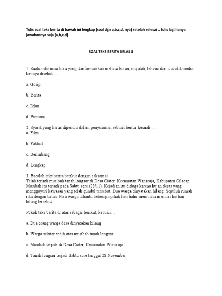 Latihan soal teks berita kelas 8 pdf