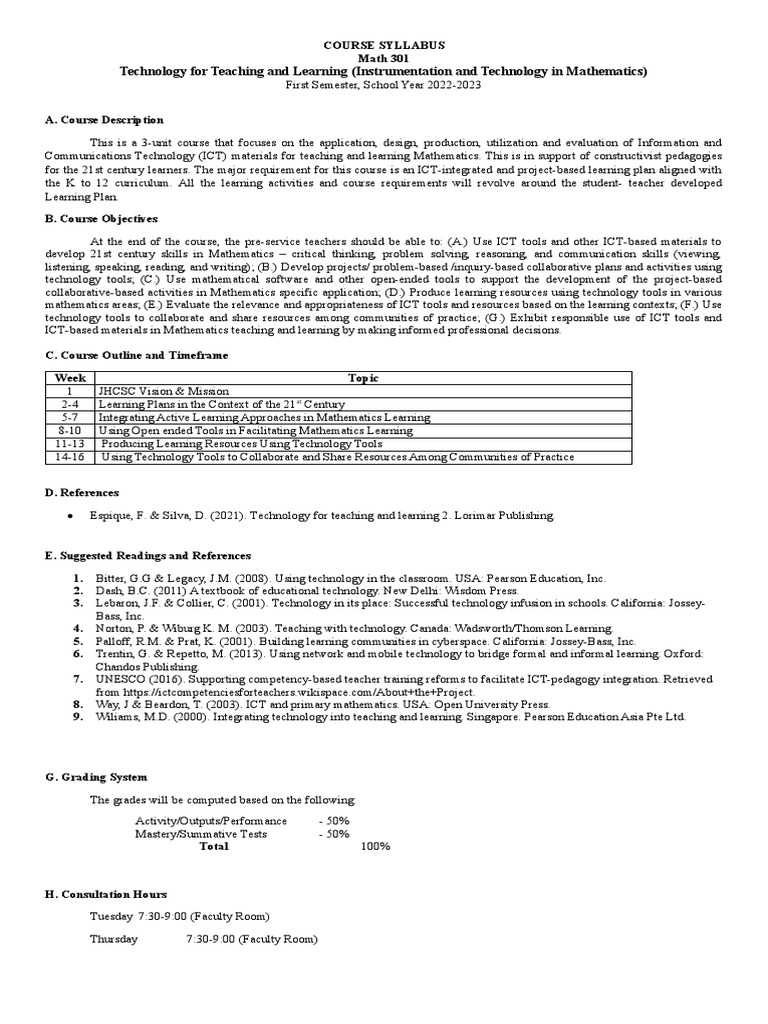 Math 301: Tech in Teaching Syllabus | PDF
