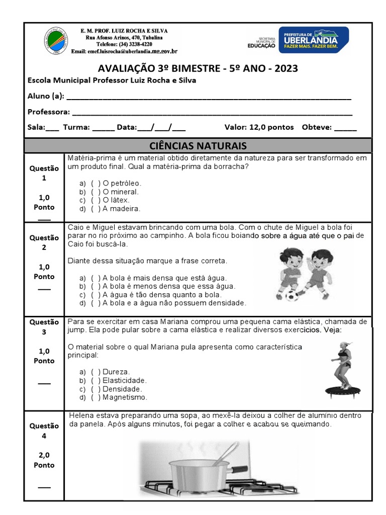 Avaliação de Ciências - 5º Ano | PDF | Água | Líquidos