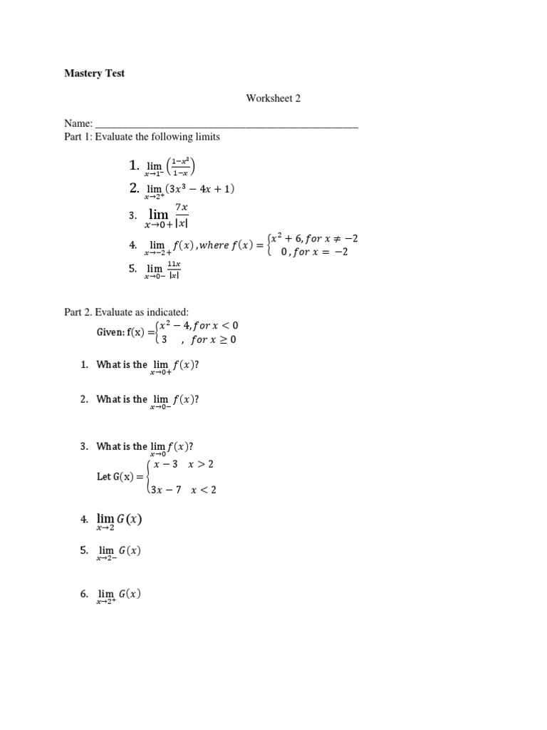 Limit Evaluation Mastery Test Worksheet | PDF