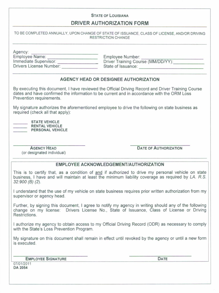 Driver Authorization Form Overview | PDF