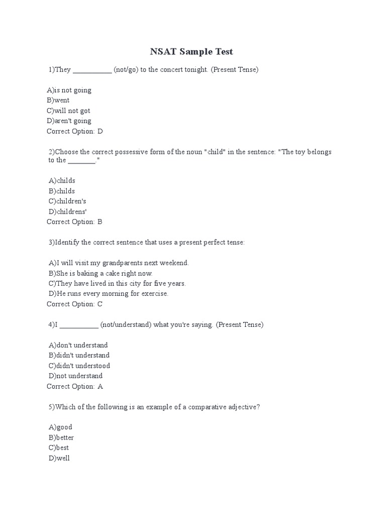 NSAT Exam Sample Test Questions | PDF | Grammatical Tense | Linguistics