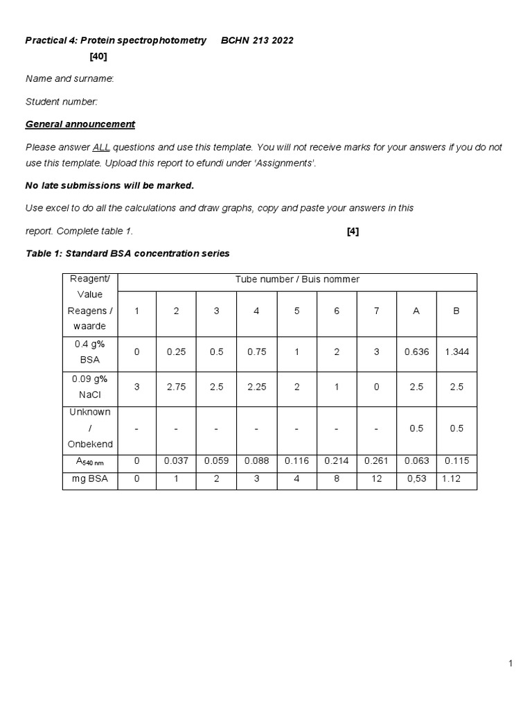 Practical 4 Protein Spectrophotometry PDF Analysis Physical Sciences