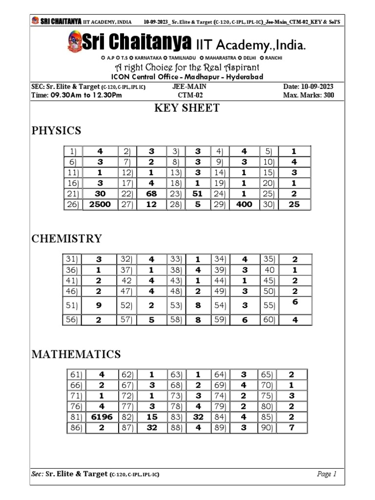 JEE Main 2023 Key & Solutions - Sri Chaitanya | PDF | Acceleration ...
