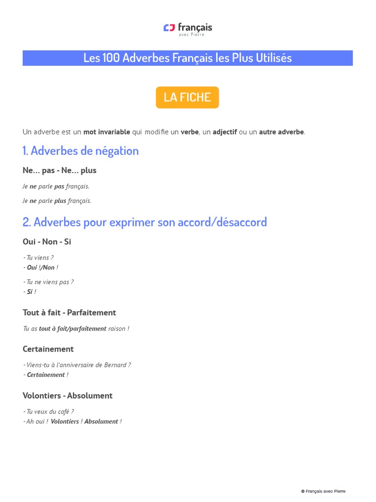 Les 100 Adverbes Francaisles Plus Utilises | PDF | Adverbe | Question