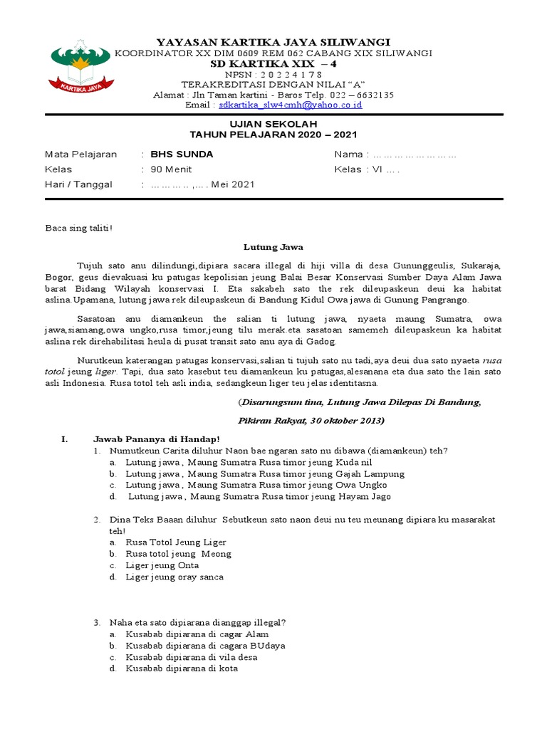 Soal Ujian Sekolah Bhs Sunda Kelas 6 Ta 20 21 Pdf